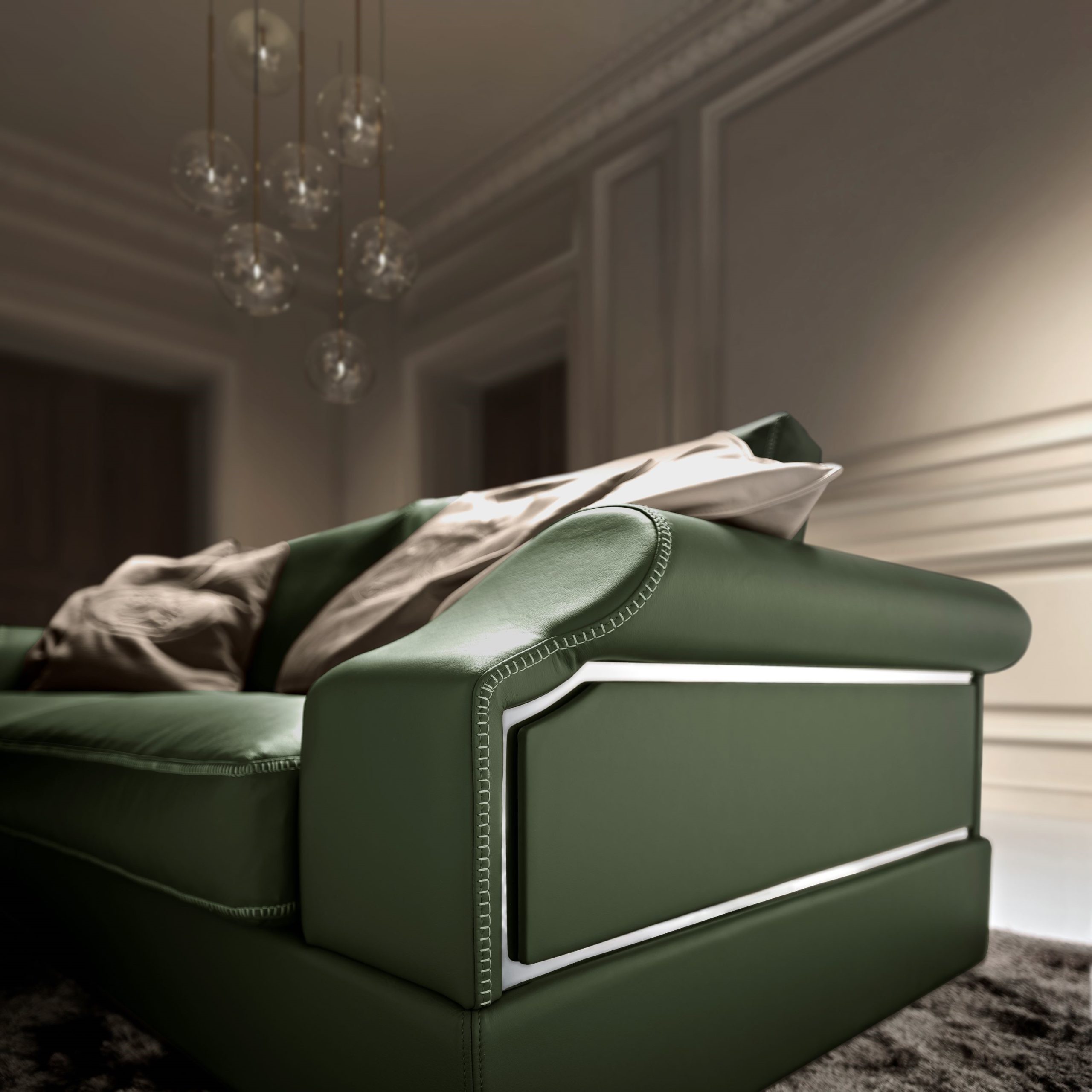Dandy Evo three seat sofa with green leather or fabric for modern and contemporary home. Made in italy furniture for home and living room by formerin italia