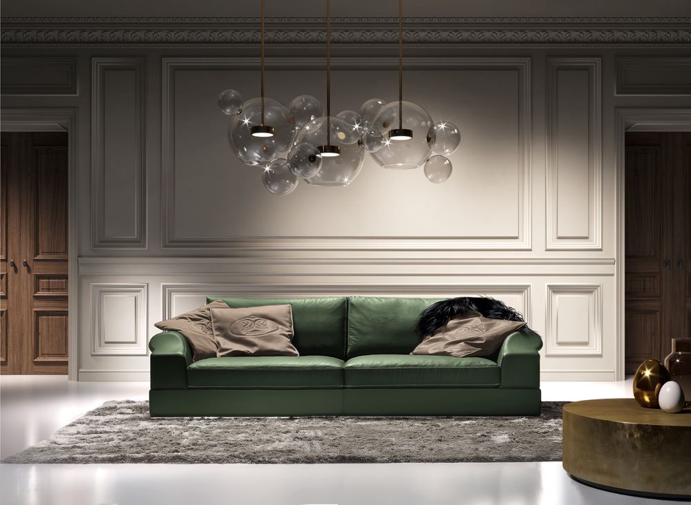 Dandy Evo divano tre posti in pelle verde, componibile con chaise longue. Arredamento per la casa made in italy by formerin italia