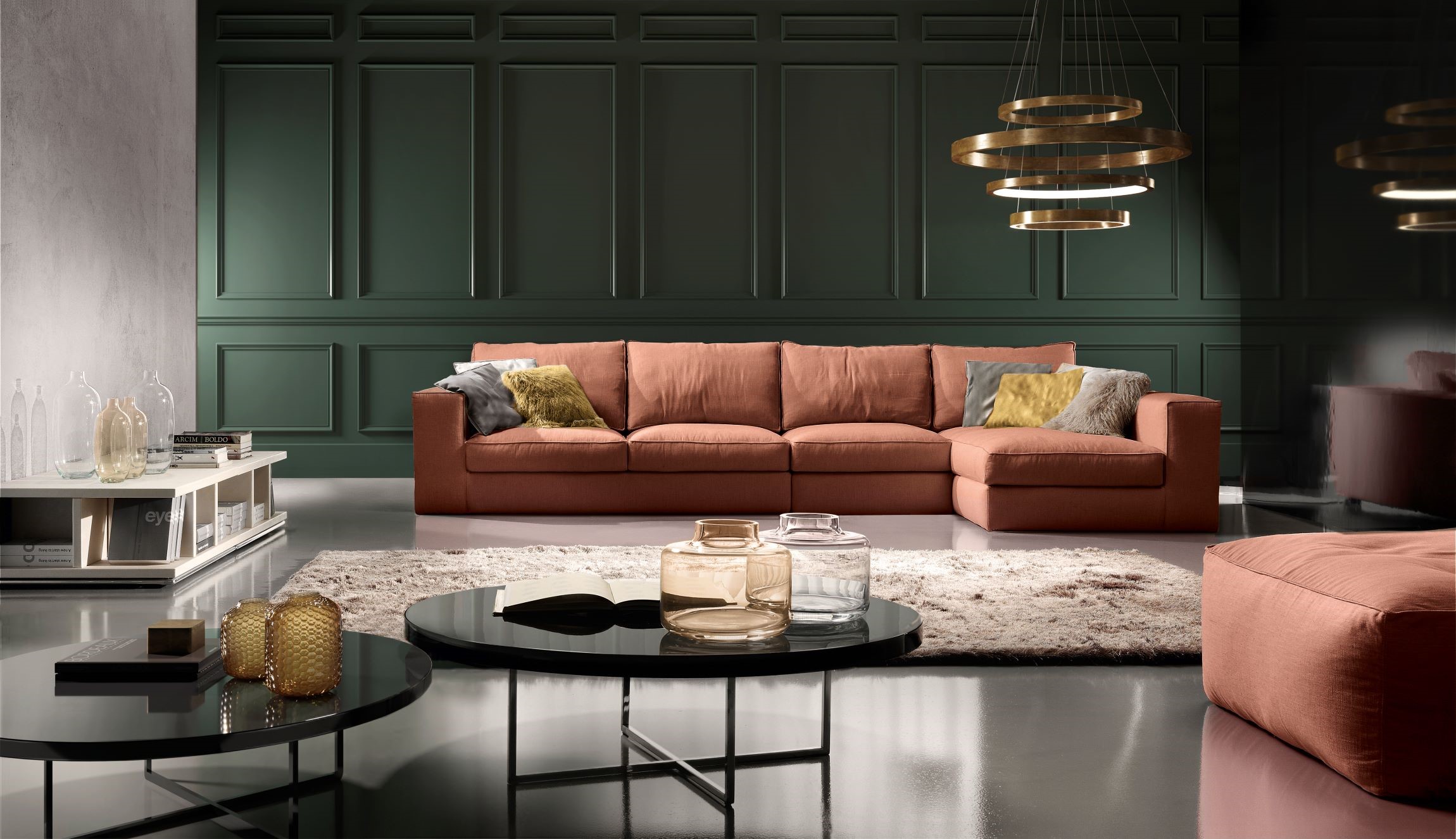 Modern designed sofa upholstered with fabric or leather. Sofa for modern and contemporary house. Sectionary sofa with corner, chaise longue and folding mechanism