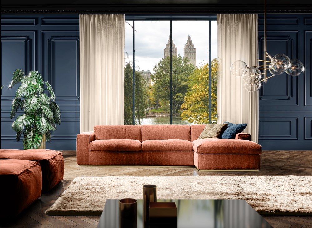 Steve Evo sofa with chaise longue, minimal design for modern style homes. Covered with fabric or leather