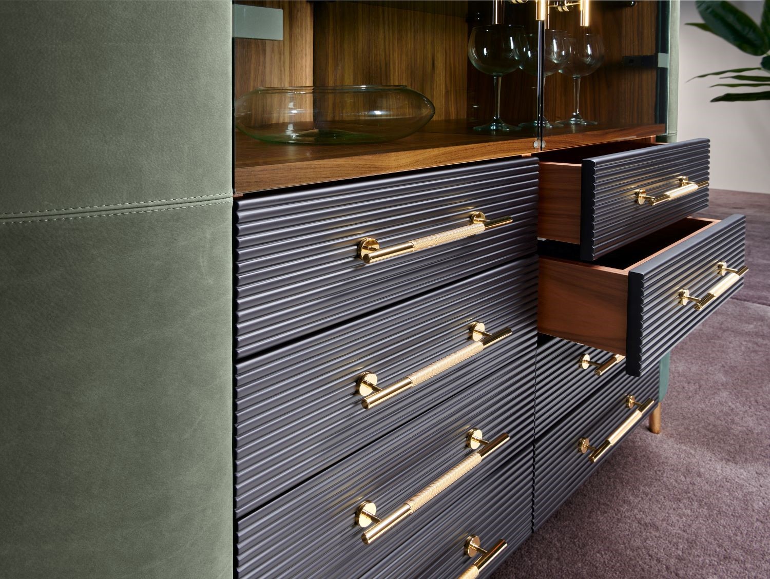 Brera Wood Cabinet design by Lorenzo Remedi, made in italy furniture for home and living room. Cabinet with glass shelves and hanging tube