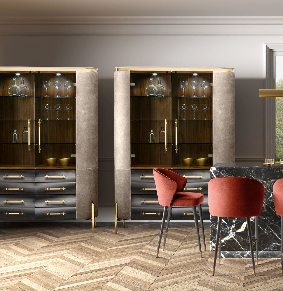 Brera Wood Cabinet design by Lorenzo Remedi, made in italy furniture for home and living room. Cabinet with glass shelves and hanging tube