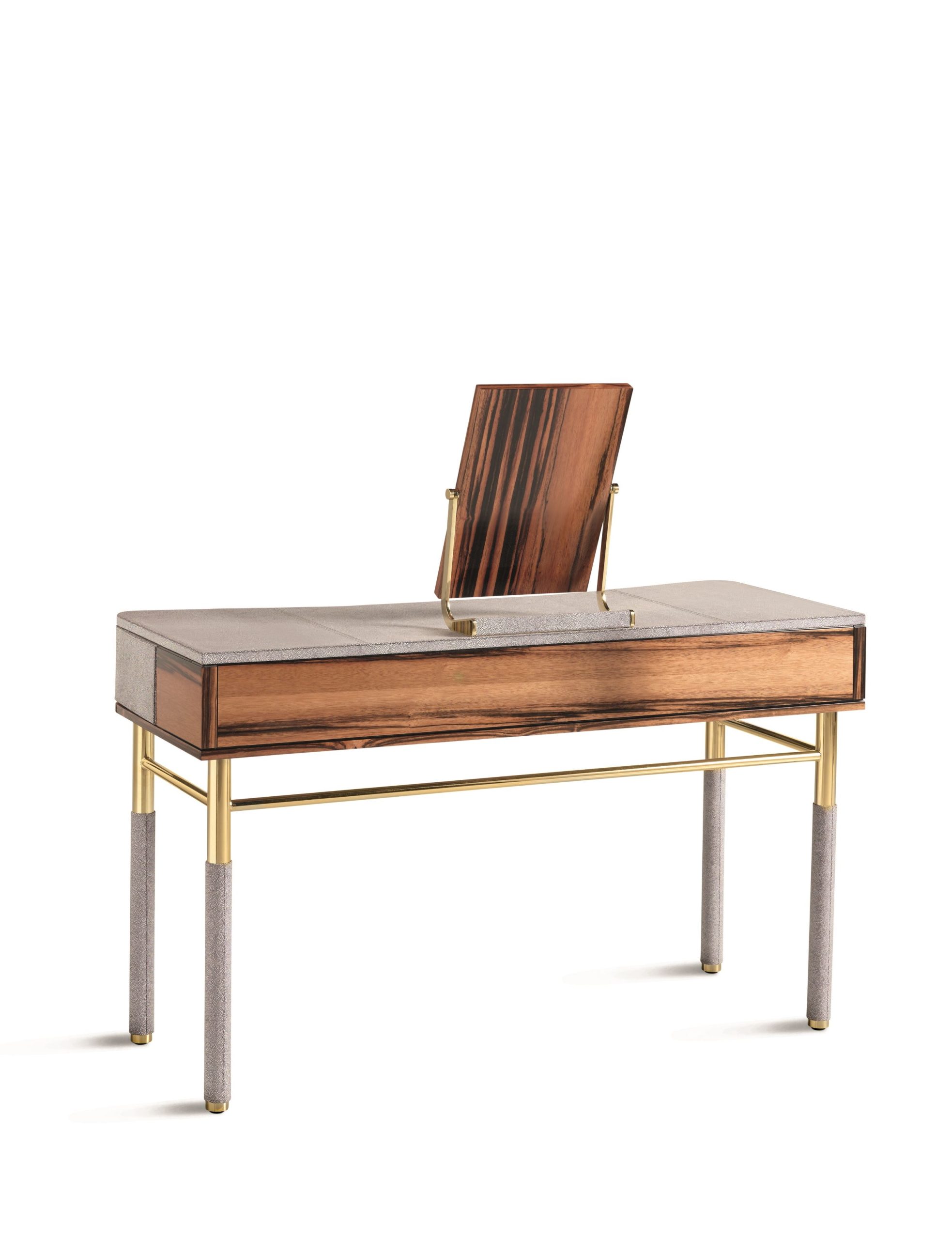 Blasy vanity by formerin italia is a perfect make up table and desk, with drawers with linen, sides drawers with compartments to storage jeweles. Adjustable mirror. Stainless steel handles with Occhio di tigre cabochon. Perfectly matching all the furniture of the Rebel Collection