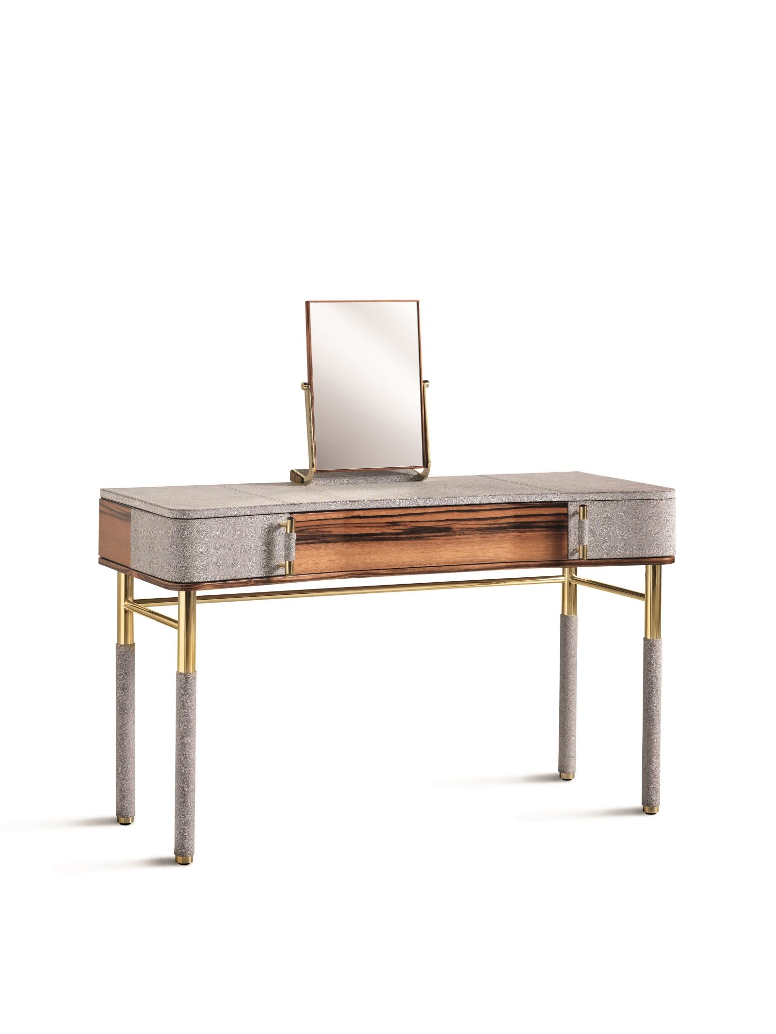 Blasy vanity by formerin italia is a perfect make up table and desk, with drawers with linen, sides drawers with compartments to storage jeweles. Adjustable mirror. Stainless steel handles with Occhio di tigre cabochon. Perfectly matching all the furniture of the Rebel Collection