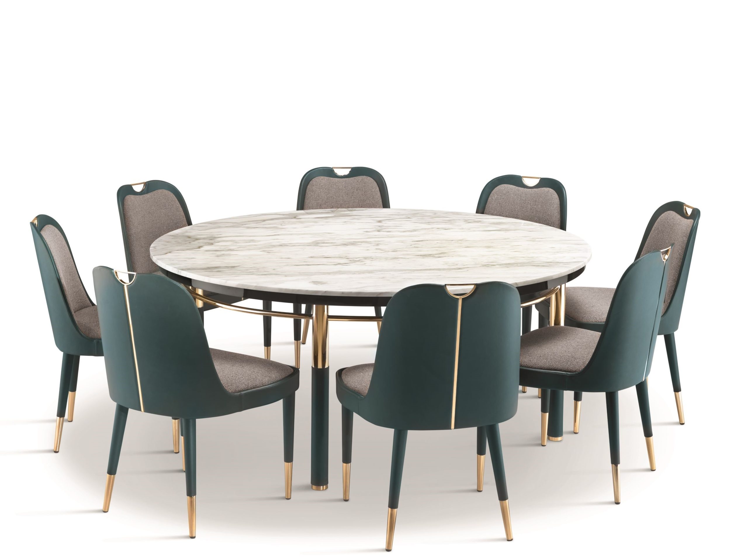 Sedia Iris di Former In Italia, Collezione Rebel. Sedia per tavolo da pranzo con rivestimento in pelle e tessuto, preziosi dettagli in acciaio oro brillante. Design ricercato nei dettagli. Schienale e seduta imbottiti per il massimo comfort. Perfetta con il tavolo Tablò