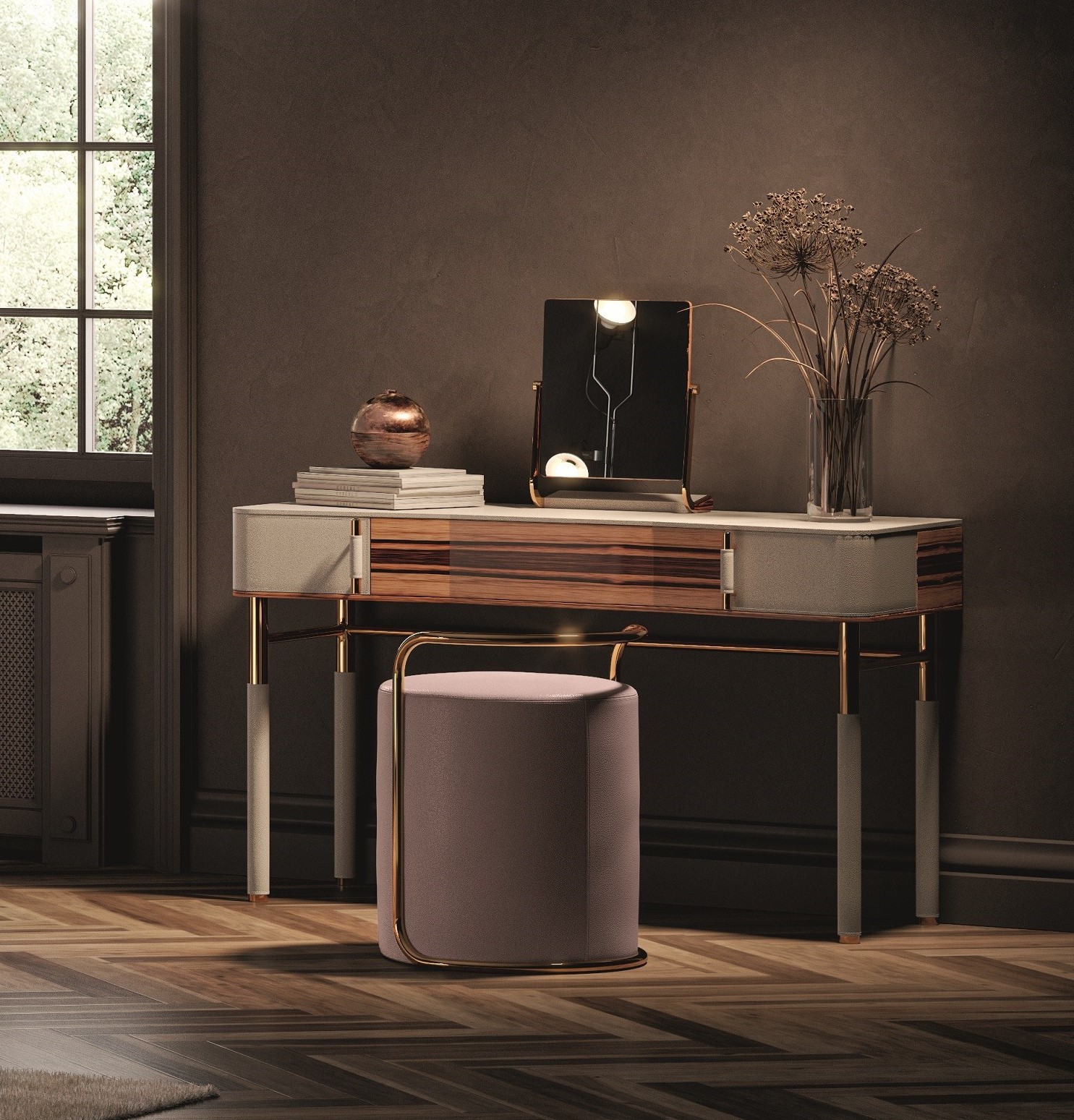 Lord upholstered pouf for desk, consolle and vanity. Upholstered with leather or fabric. Made in Italy furniture by formerin italia