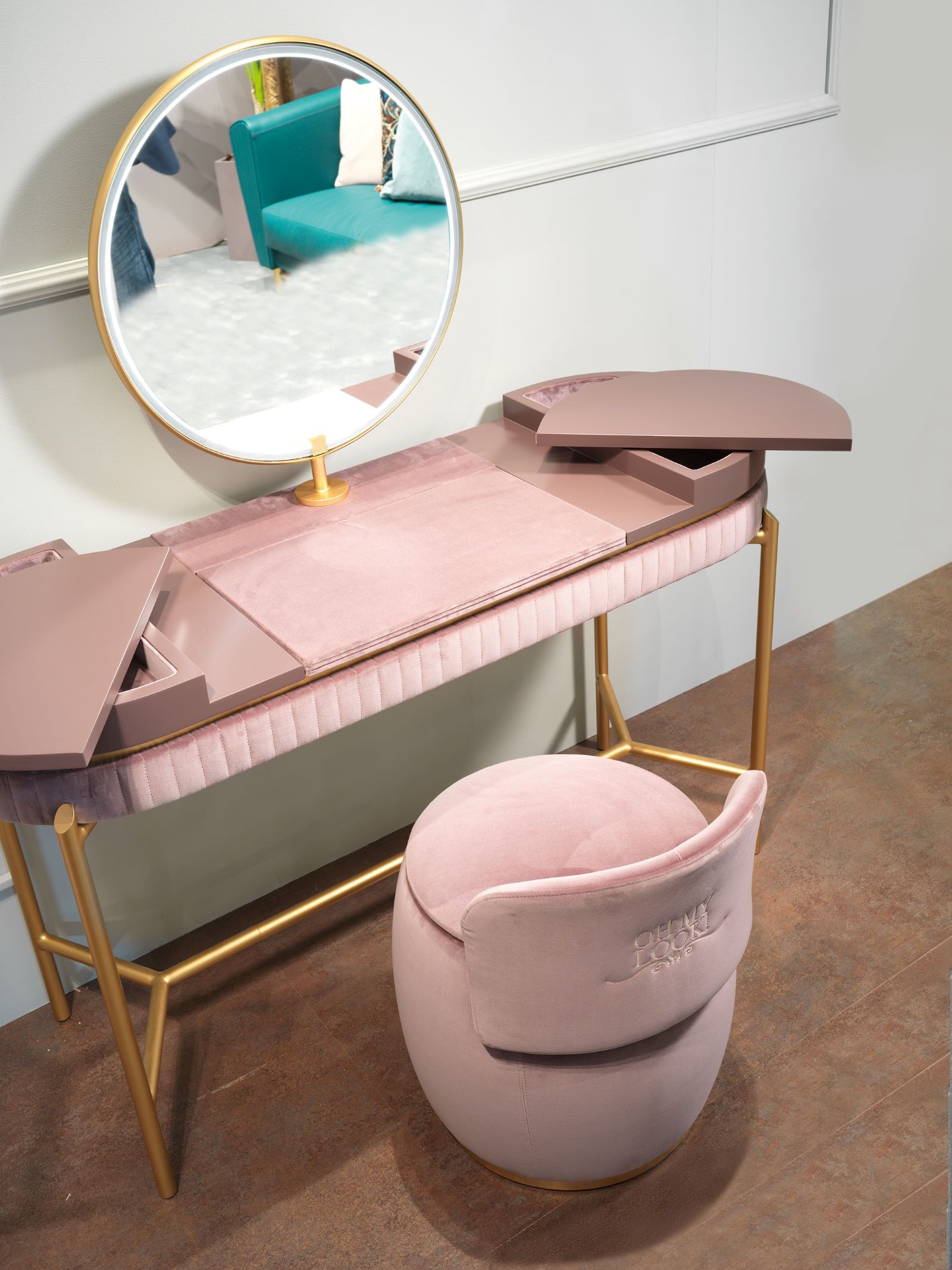 brera make up table with led lighting and orio pouf with storage formerin italia by lorenzo remedi