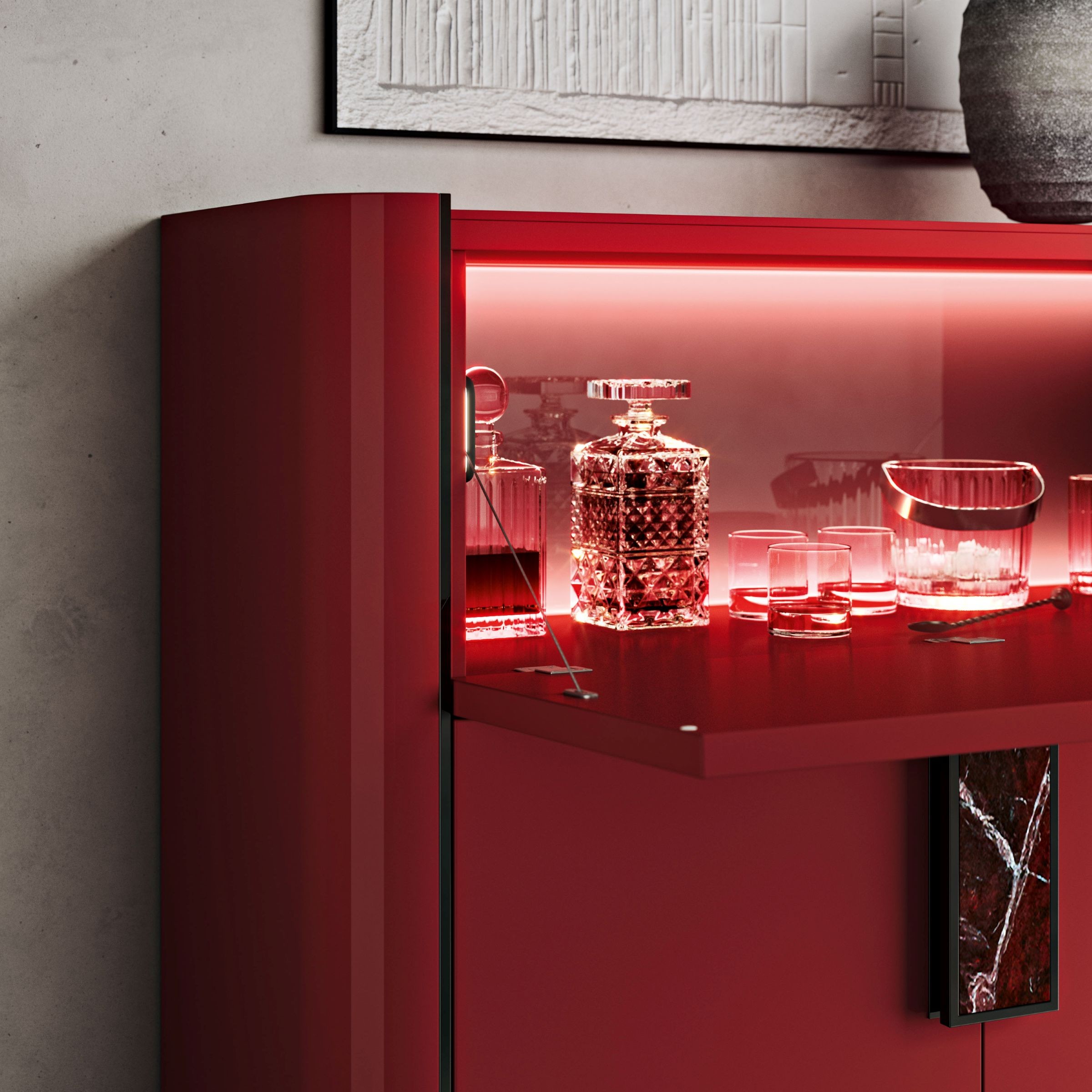 Contemporary dining space featuring Odeon bar cabinet with illuminated interior formerin italia