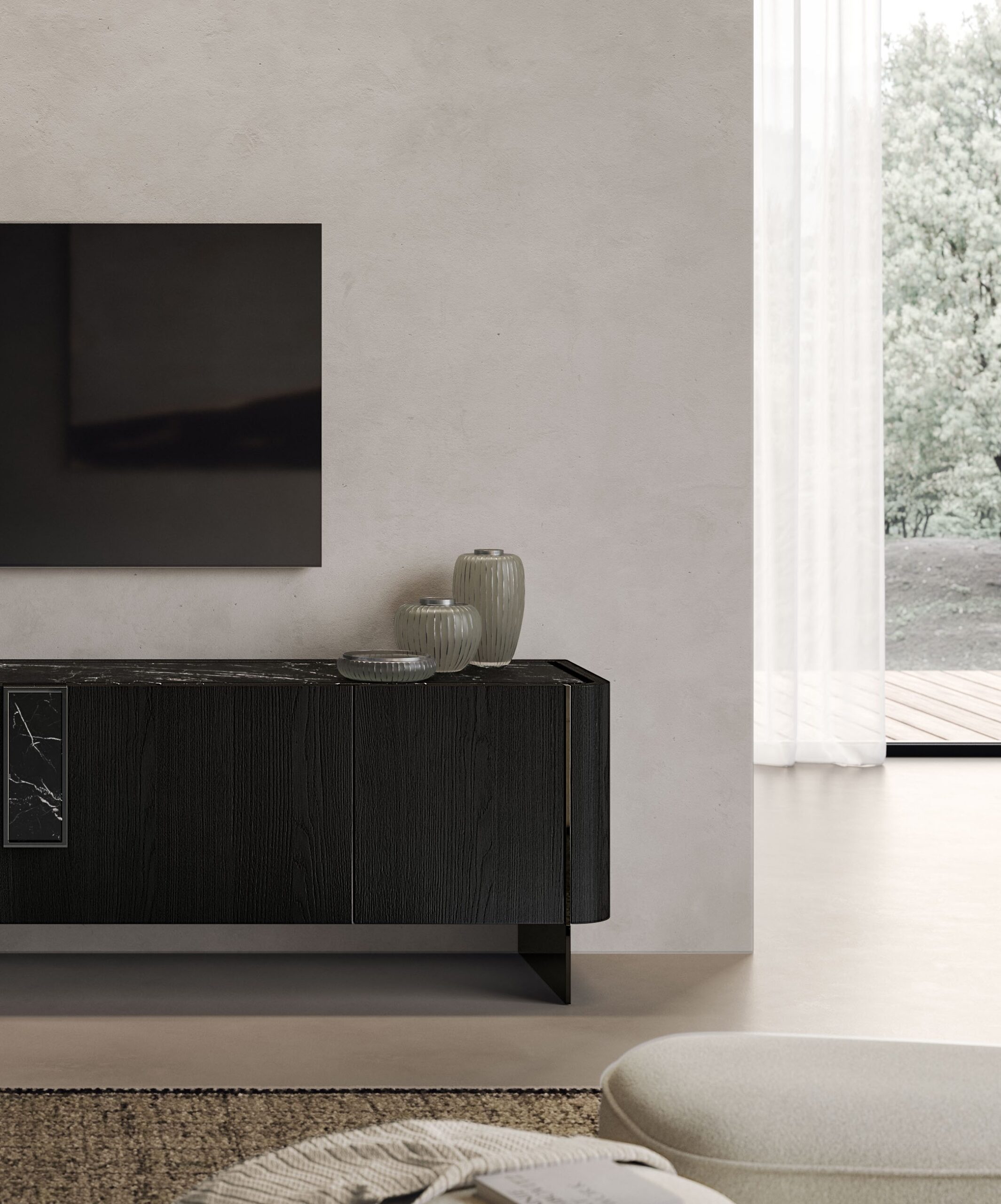 Odeon TV cabinet in open space living area with luxury furniture formerin italia
