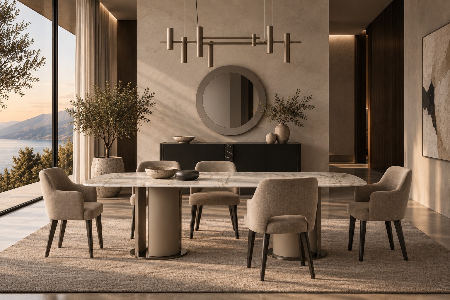Tavolo da pranzo con piano in marmo e sedie in tessuto arredamento di design per la casa former in italia